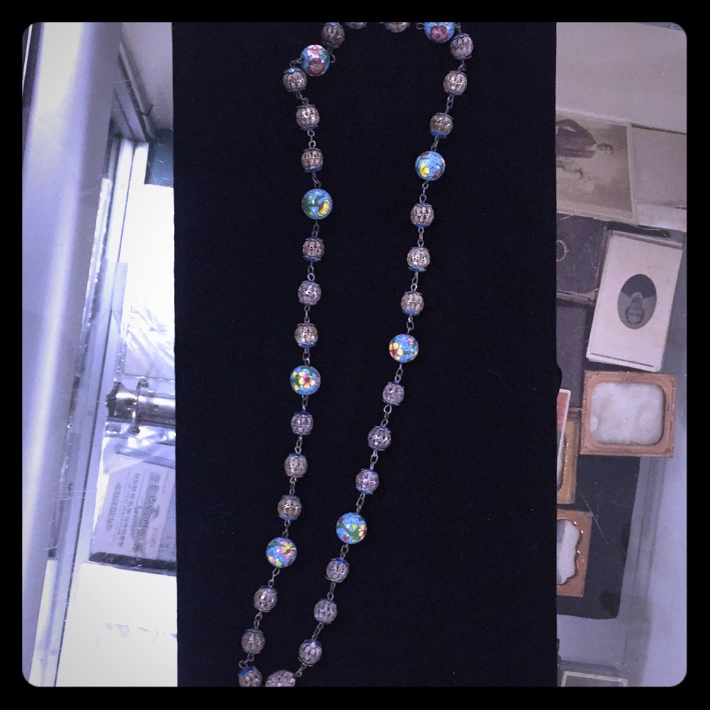 Rare Early Asian Silver Filigree & Enamel Necklace